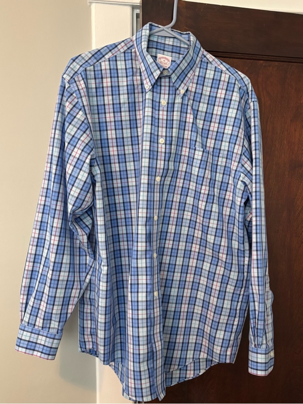 Brooks Brothers Shirt Medium Plaid Cotton Long Sleeve Button Up Madison Blue